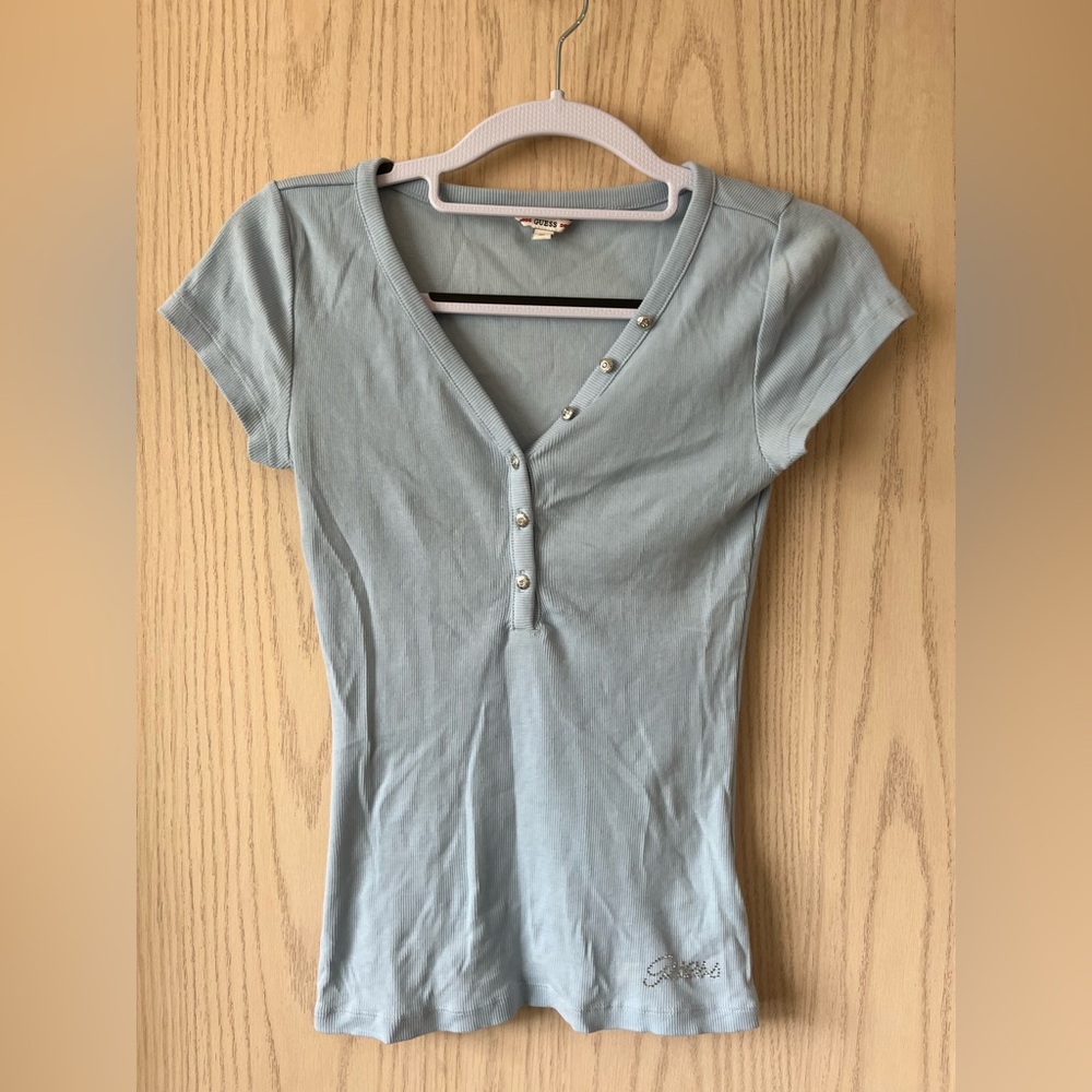 Guess Buttoned Dusty Blue V Neck Top